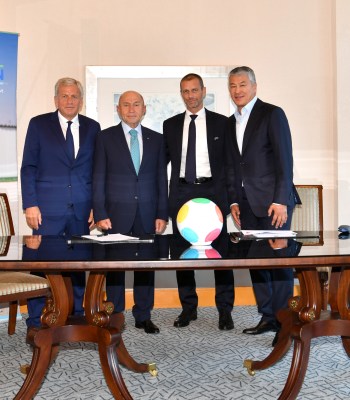 ISTANBUL, TURKEY - AUGUST 14: UEFA Executive Committee Member Servet Yardimci, Turkish Football Federation (TFF) President Nihat Ozdemir, UEFA President Aleksander Ceferin and UEFA Foundation for Children Board of Trustee Member Kairat Boranbayev during a UEFA Foundation for Children signing as part of the UEFA Super Cup Final between Liverpool and Chelsea on August 14, 2019 in Istanbul, Turkey. (Photo by Harold Cunningham - UEFA/UEFA via Getty Images)