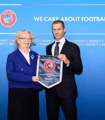 NYON, SWITZERLAND - NOVEMBER 20:  United Nations Office at Geneva (UNOG) Director-General Tatiana Valovaya and UEFA President Aleksander Ceferin meet at the UEFA headquarters, the House of European Football on November 20, 2019 in Nyon, Switzerland. (Photo by Harold Cunningham - UEFA/UEFA via Getty Images)