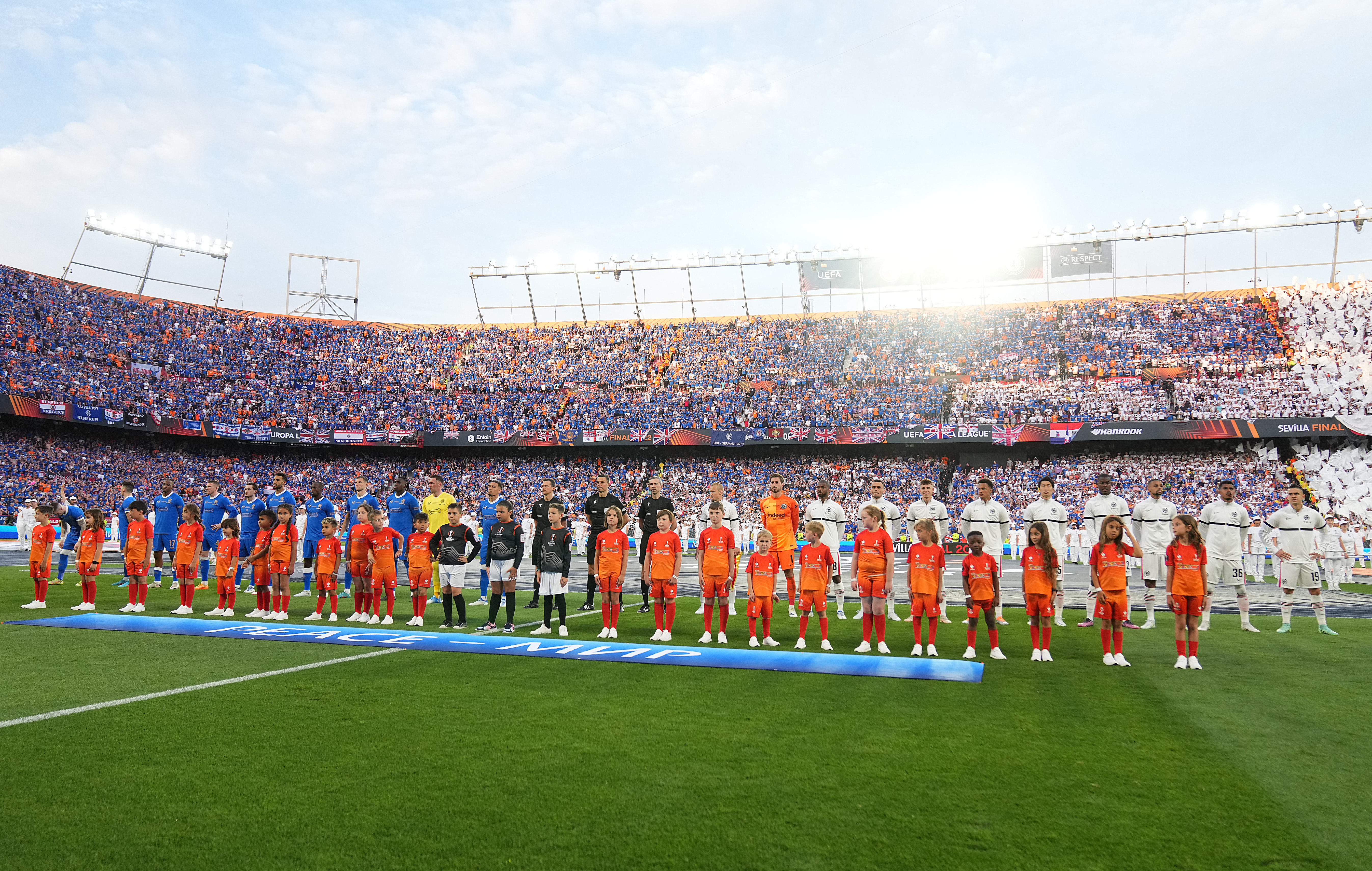 SEVILLE, SPAIN - MAY 18: Engelbert Strauss Player Mascots are seen  during the UEFA Europa League final match between Eintracht Frankfurt and Rangers FC at Estadio Ramon Sanchez Pizjuan on May 18, 2022 in Seville, Spain. (Photo by Angel Martinez - UEFA/UEFA via Getty Images)