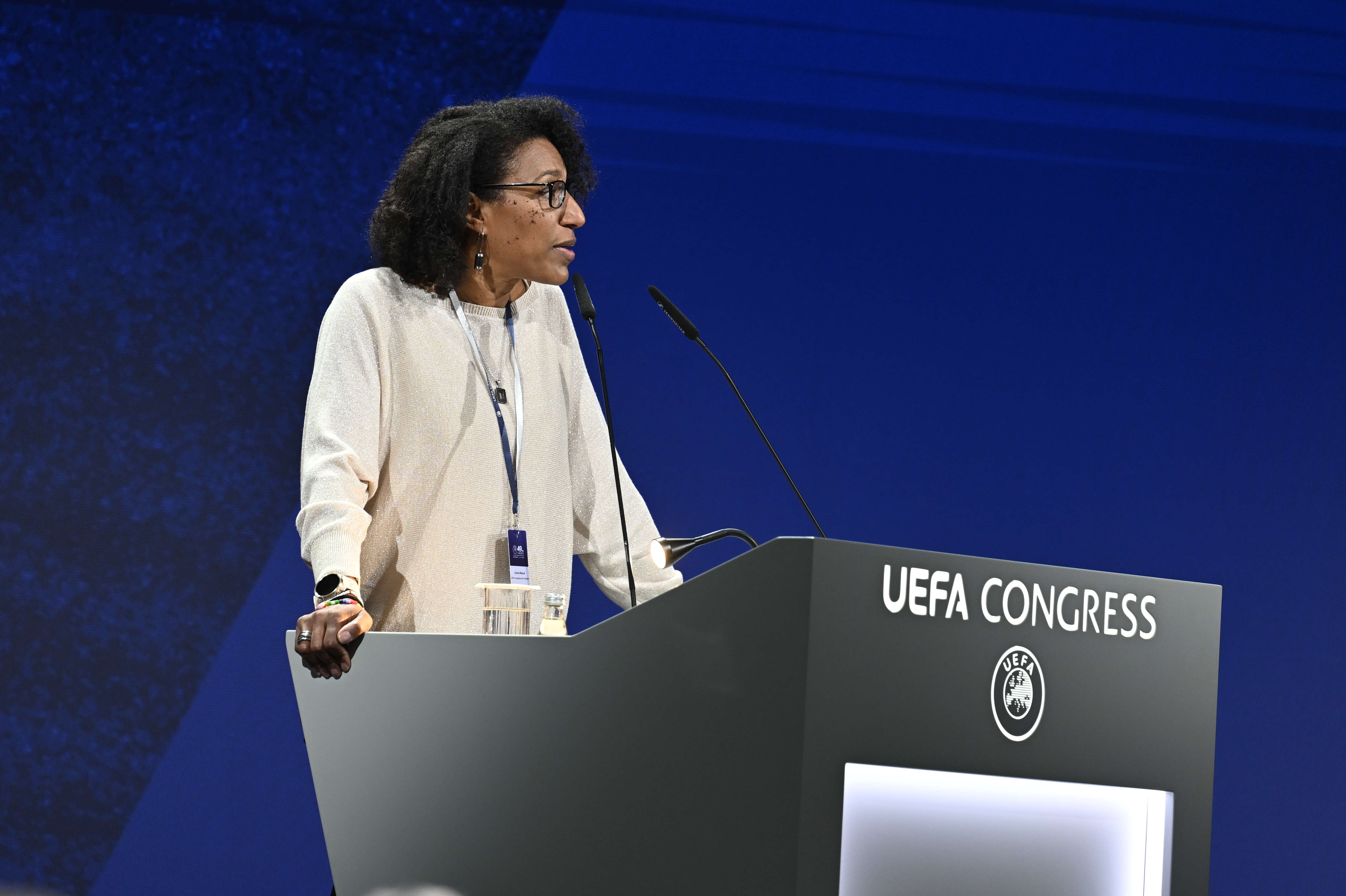 Carine N'Koué speaks at the 2024 UEFA CongressUEFA