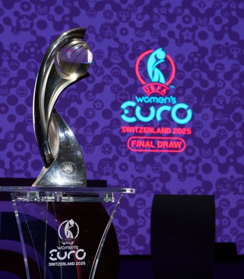 LAUSANNE, SWITZERLAND - DECEMBER 15: A general view of the trophy on stage ahead of the UEFA Women's EURO 2025 Final Tournament Draw at the SwissTech Convention Centre on December 15, 2024 in Lausanne, Switzerland. (Photo by Francesco Scaccianoce - UEFA/UEFA via Getty Images)