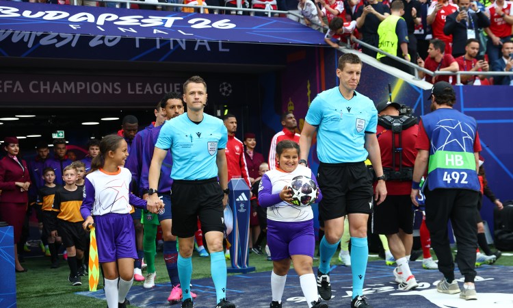 BUDAPEST, HUNGARY - MAY 30:  FedEx and Mastercard Referee and Players escorts during the UEFA Champions League Final 2026 match between Paris Saint-Germain and Arsenal FC at Puskas Arena on May 30, 2026 in Budapest, Hungary. (Photo by Francois Nel - UEFA/UEFA via Getty Images)